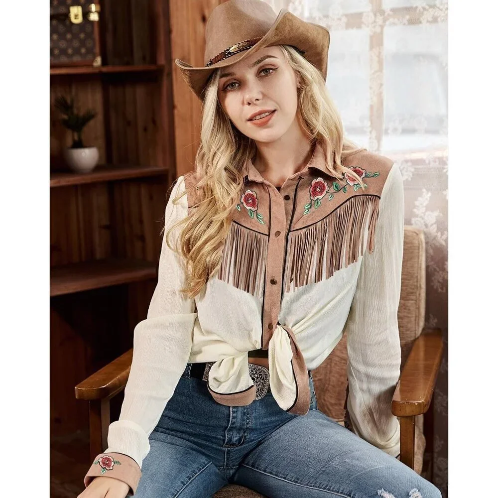 Women's White Fringe Long Sleeve Floral Embroidered Button Down Blouse Shirts - Picture 3 of 5